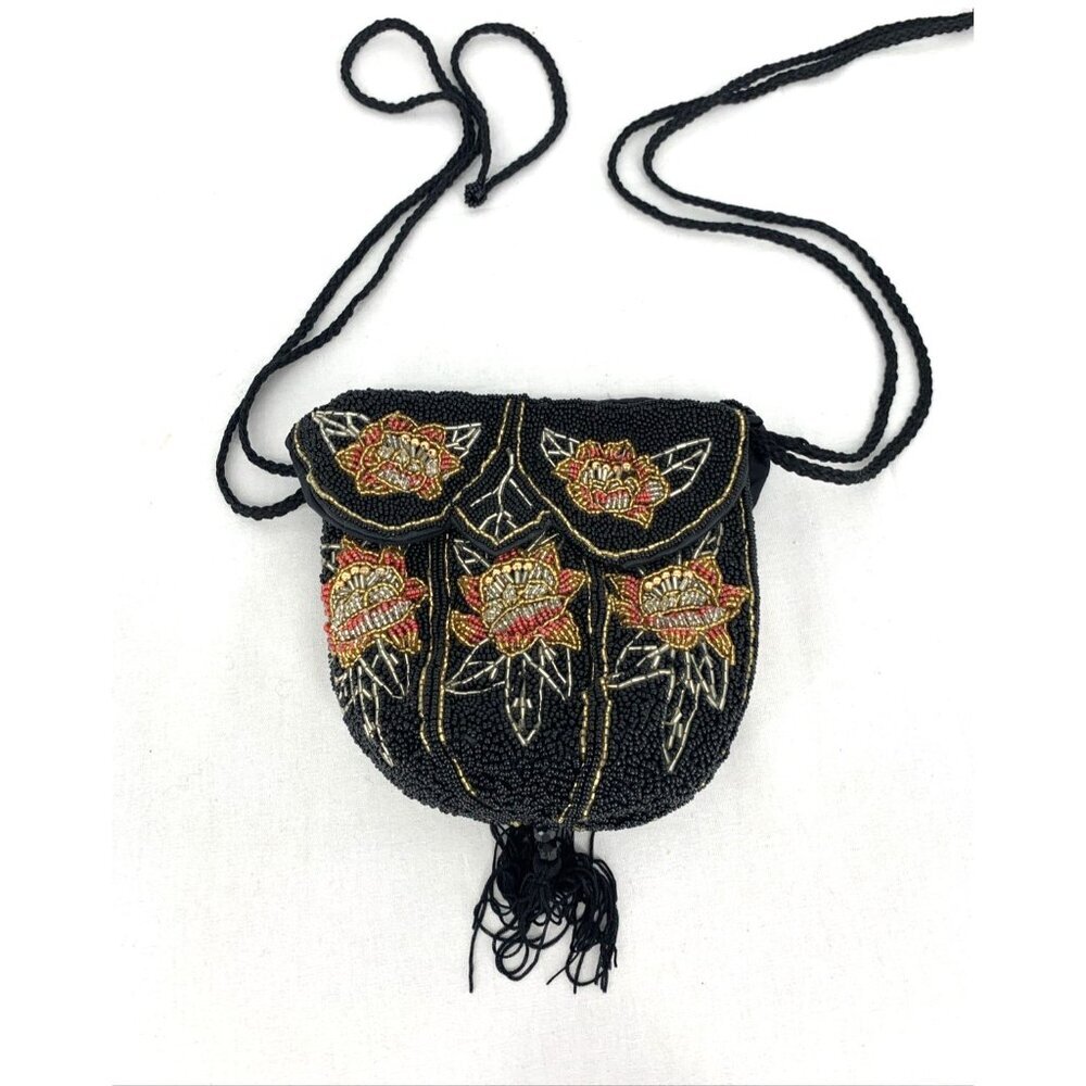 Glass Bead Drawstring Purse Satin Lined Strap Shoulder Bag Black 7" 24" Strap